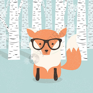 诞快乐明信片与时髦可爱的橙色狐狸森林,矢量插图图片
