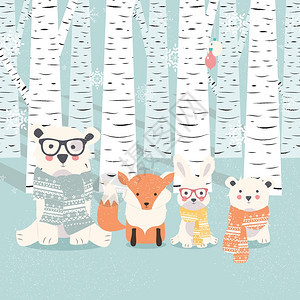 诞快乐明信片与熊,狐狸兔子森林,矢量插图图片