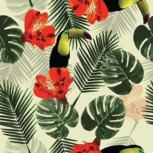热带无缝图案与巨嘴鹦鹉,花棕榈叶,矢量插图图片