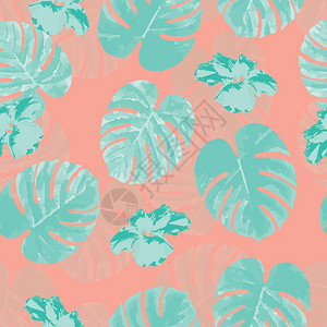 热带无缝图案与棕榈叶花,矢量插图图片
