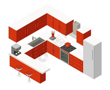 红色橱柜矢量等距厨房与红色家具插画