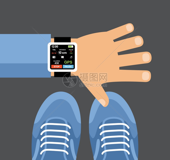 智能手表智能手机的健身跟踪应用程序手腕上的智能手表矢量图片
