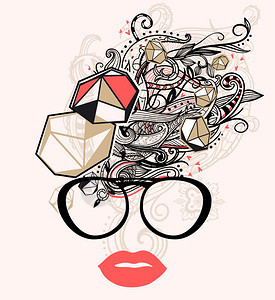 个抽象的女人戴着眼镜红色口红,幻想发型的矢量插图图片