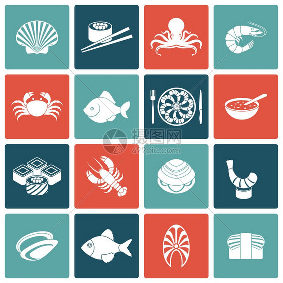海鲜鱼菜单餐厅图标平卷小龙虾蛤蜊虾孤立矢量插图图片