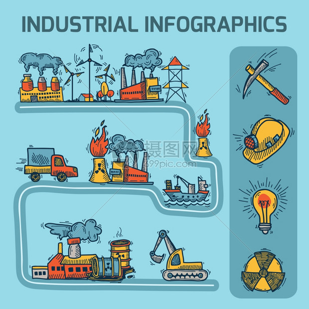 工业彩色素描信息图集与汽油电力工业元素矢量插图图片