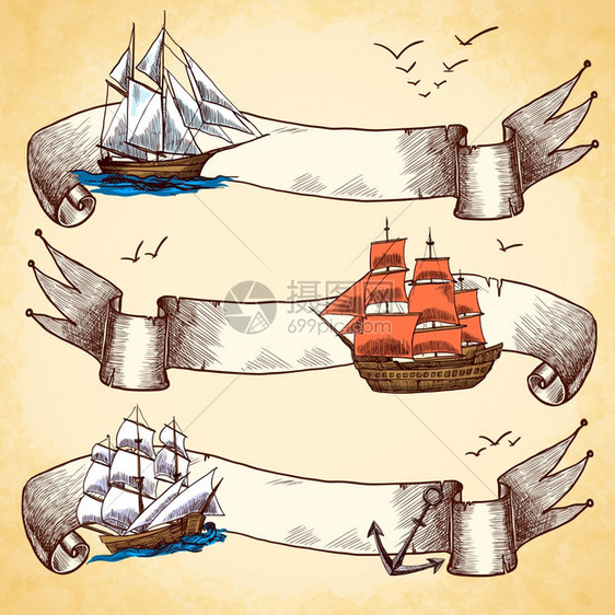 航海丝带横幅彩色素描与帆船木制高船孤立矢量插图图片