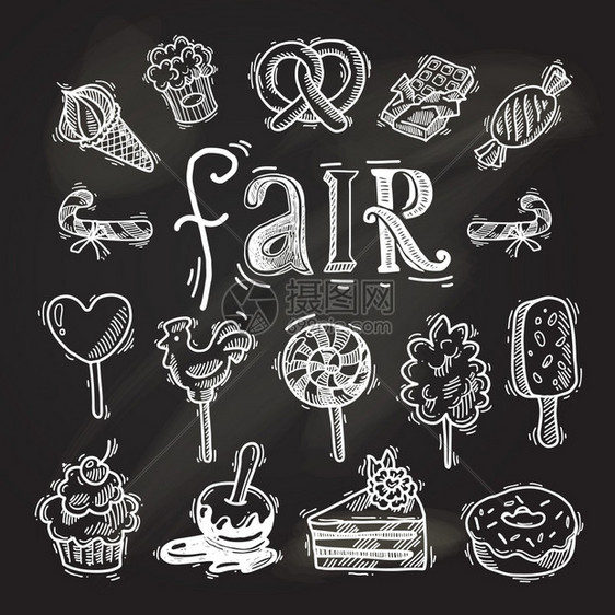 糖果素描装饰图标黑板糖果甘蔗糕点冰淇淋孤立矢量插图图片