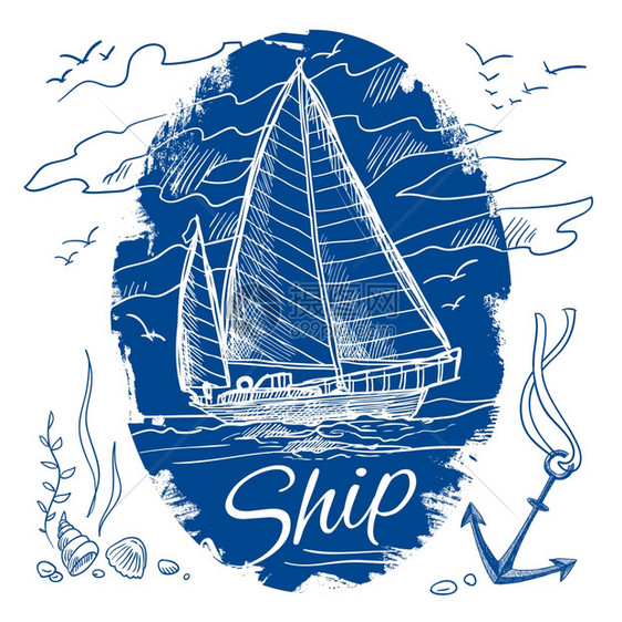 航海标志与蓝色素描,帆船海洋背景矢量插图图片