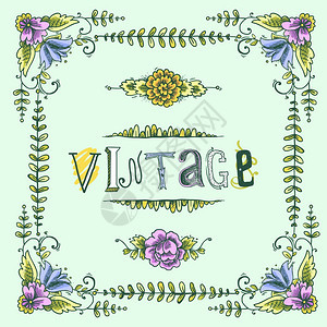 复古花卉彩色素描明信片框架与花卉漩涡矢量插图背景图片