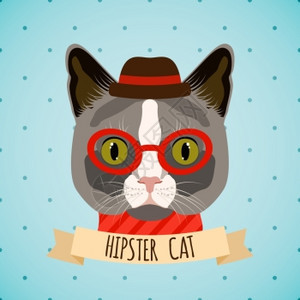 带眼镜的时髦猫带丝带海报矢量插图的帽子肖像图片