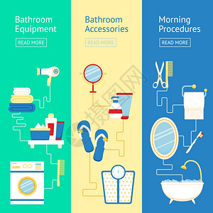 浴室横幅平彩色与设备上午程序元素隔离矢量插图图片