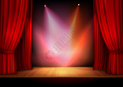 红色舞台开放剧院天鹅绒窗帘与灯光斑点矢量插图图片