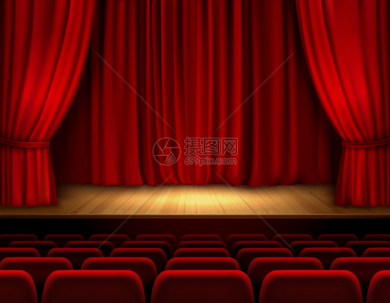剧院舞台与红色天鹅绒开放复古风格窗帘背景矢量插图图片