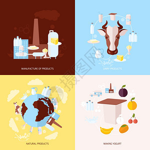 牛奶乳制品平图标与制造天然酸奶分离矢量插图图片