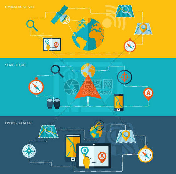 导航横幅与搜索家庭GPS系统查找位置孤立矢量插图图片