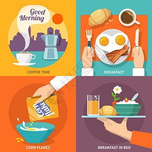 早餐图标平咖啡时间玉米片床隔离矢量插图图片