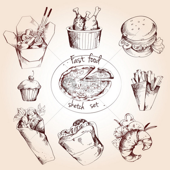 快餐装饰草图图标比萨饼意大利,鸡肉汉堡孤立矢量插图图片
