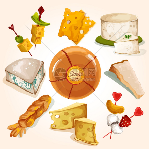 整个奶酪块切片分类食品彩色装饰图标矢量插图图片