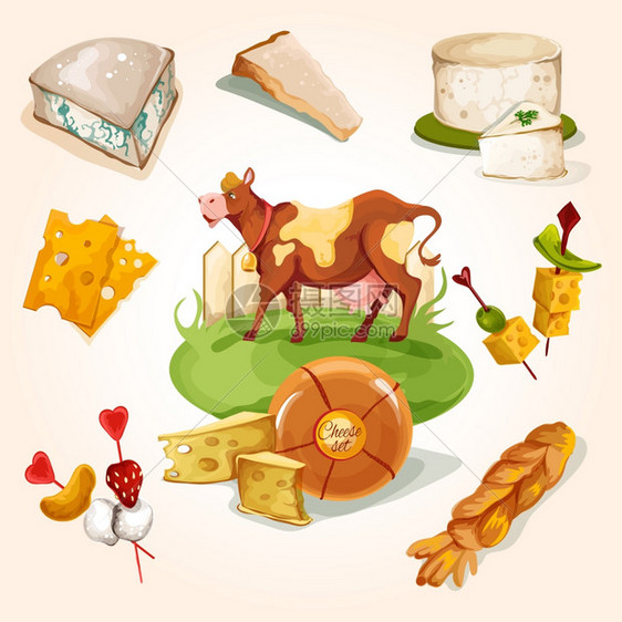 天然奶酪与食品分类牛色装饰图标矢量插图图片