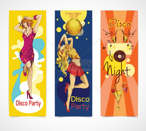 迪斯科派彩色素描垂直横幅与轻感舞蹈女孩矢量插图图片