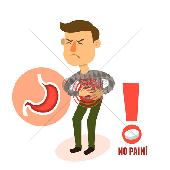 病胃疼痛男人物与药丸矢量插图图片