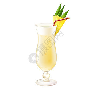 皮娜科拉达写实鸡尾酒璃与菠萝片饮用吸管分离白色背景矢量插图图片