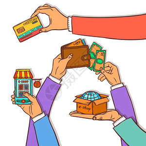网上购物草图与人手与金钱卡电子商务元素矢量插图图片