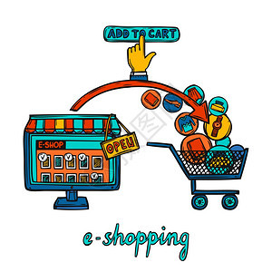 网上购物电子商务网上选择商品购买涂鸦矢量图图片