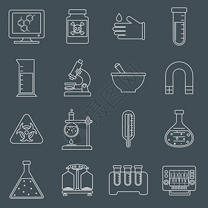 科学研究实验室大纲线图标危险标志烧杯温度计烧瓶隔离矢量插图背景图片