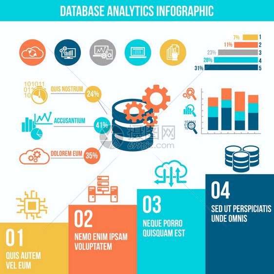 数据库分析信息技术平信息图集与图表矢量插图图片