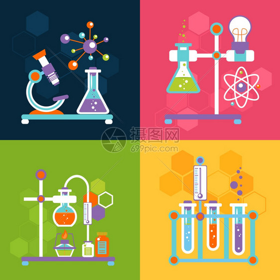 化学装饰平图标与实验室测试研究设备隔离矢量插图图片