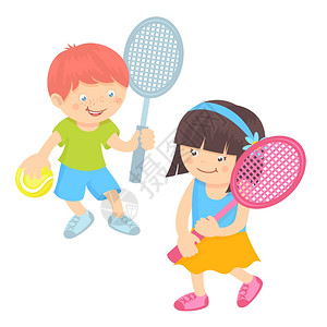 男孩女孩与运动设备打网球隔离白色背景矢量插图图片