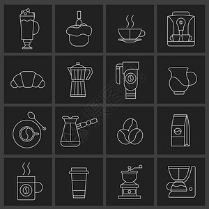 咖啡图标轮廓与牛角包土耳其咖啡壶孤立矢量插图图片