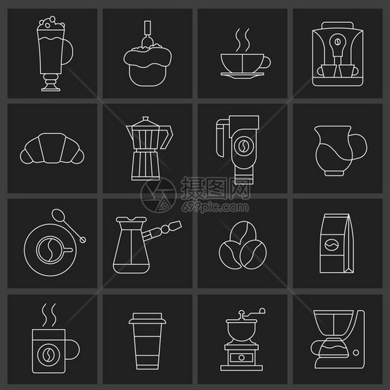 咖啡图标轮廓与牛角包土耳其咖啡壶孤立矢量插图图片