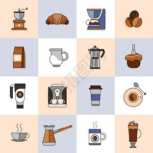咖啡图标平线与浓缩咖啡卡布奇诺Frappe孤立矢量插图图片