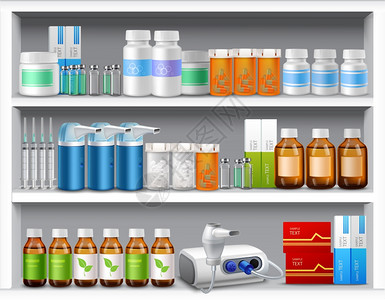 药房货架上药丸瓶子液体胶囊等逼真的矢量插图图片