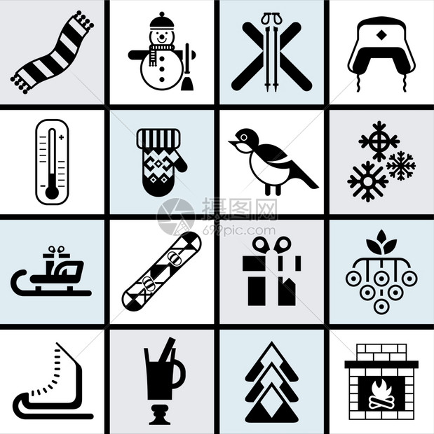 冬季图标黑色与牛翅,雪花手套壁炉孤立矢量插图图片