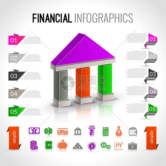 货币银行金融业务信息图表与纸质书签选项矢量插图图片