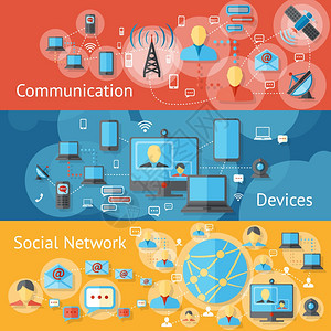 通信线横幅与社交网络设备元素隔离矢量插图图片
