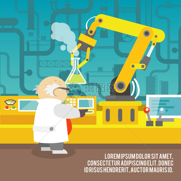 机器人手臂装配线机械制造与科学家工厂机器人操作员生产矢量图图片