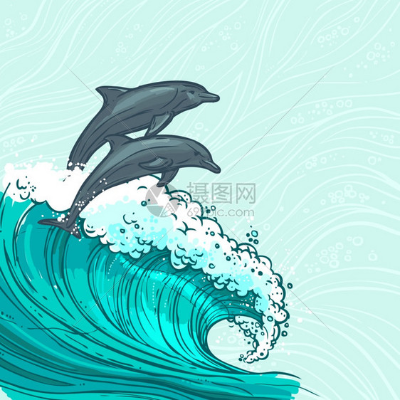波浪流水勾画海洋两只海豚彩色背景矢量图图片