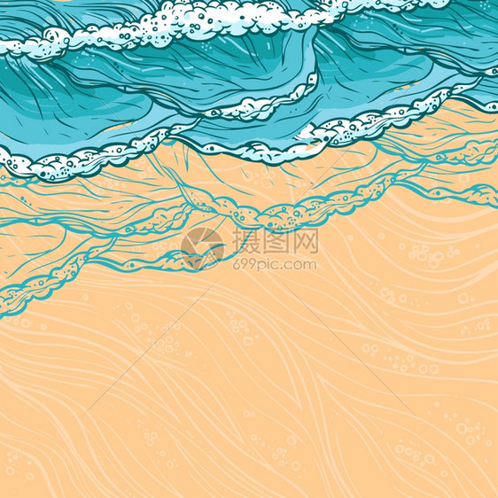 波浪流水勾画海洋沙滩海滨彩色背景矢量图图片