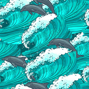 青山流水波浪流水勾画海洋海豚彩色无缝图案矢量插图插画