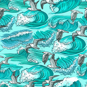 青山流水波浪流水勾勒大海飞翔的海鸥鸟彩色无缝图案矢量插图插画