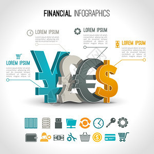 金融信息图集与三维货币兑换标志矢量插图图片