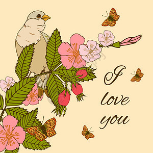 复古浪漫抽象夏季花枝明信片背景与鸟蝴蝶矢量插图图片