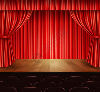 剧院舞台与座椅红色天鹅绒开放复古风格窗帘背景矢量插图图片