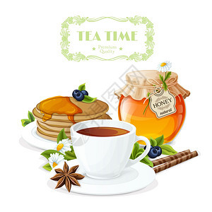 茶时间海报与杯子茶托蜂蜜罐煎饼板矢量插图图片