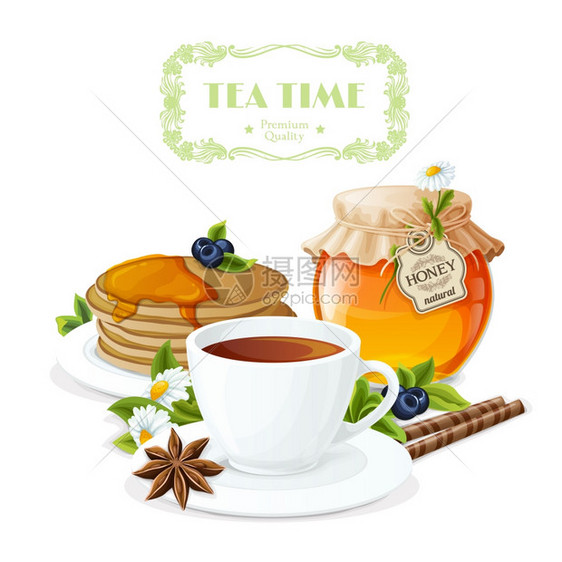 茶时间海报与杯子茶托蜂蜜罐煎饼板矢量插图图片