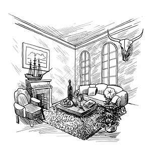 房间内部草图背景与壁炉沙发桌子矢量插图图片